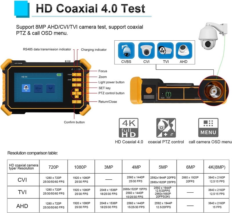 EVERSECU جهاز اختبار كاميرا CCTV بشاشة 4.3 بوصة CVI TVI AHD - 8MP HD التعرف التلقائي، خرج طاقة DC12V، بطارية 5200mAh - يدعم PAL/NTSC، التحكم PTZ عبر الكوكسيل، مشغل وسائط واختبار صوتي - Image 2